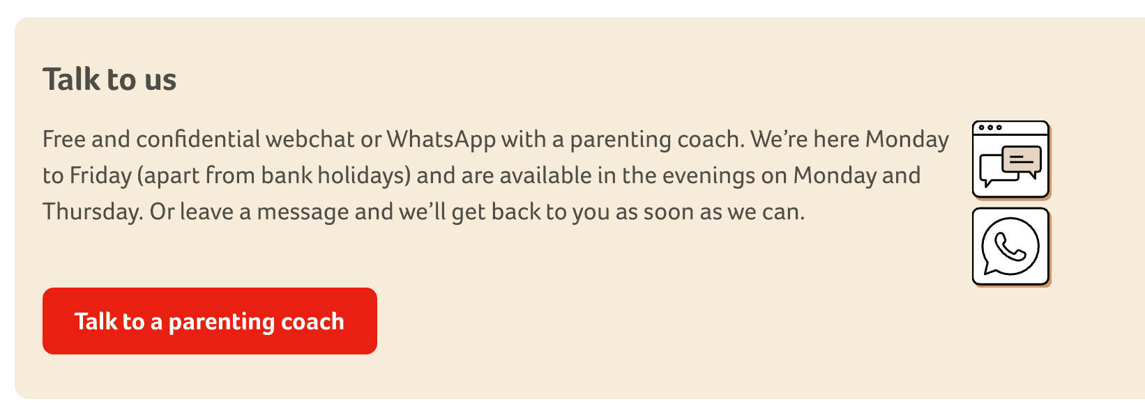 The Talk to us panel on the Action for Children website, offering free and confidential webchat or WhatsApp with a parenting coach