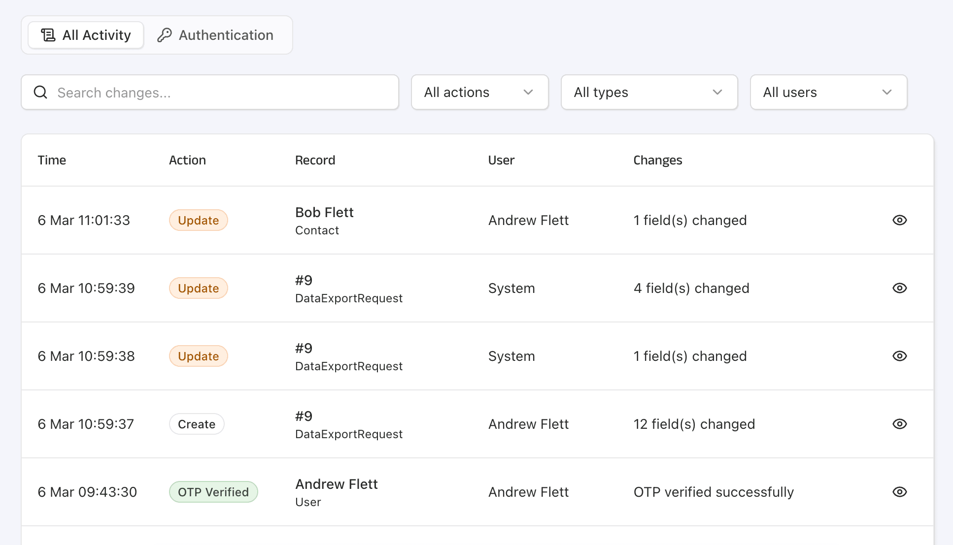 Audit log viewer with filtering and change detail