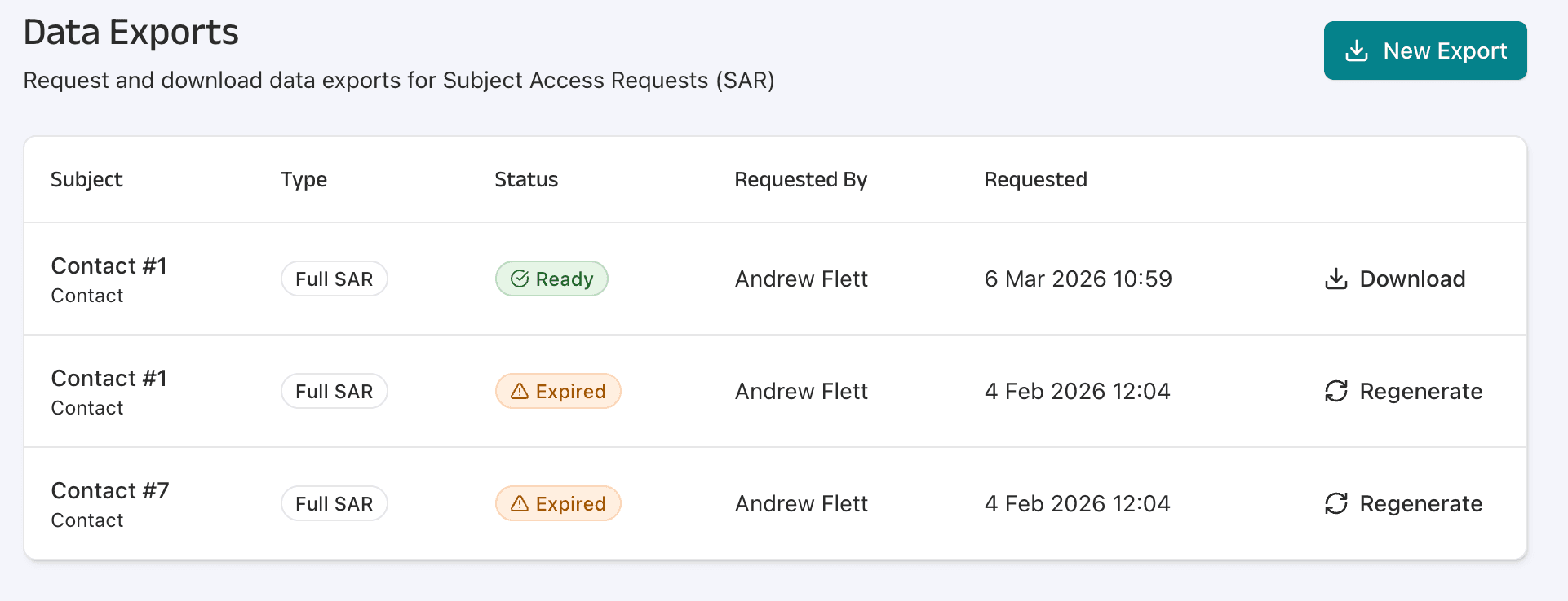 Data export interface showing format selection and export history
