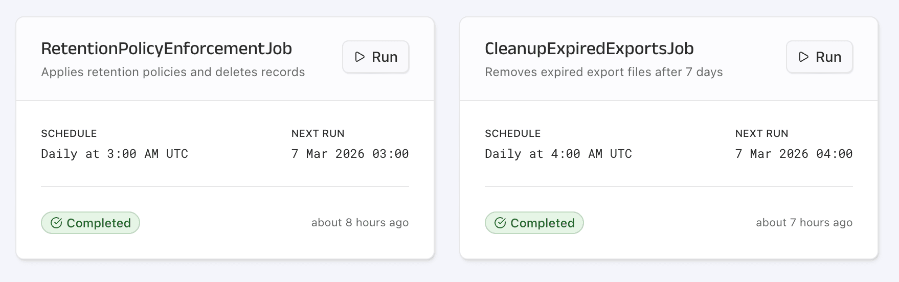 Scheduled jobs dashboard showing run history and status