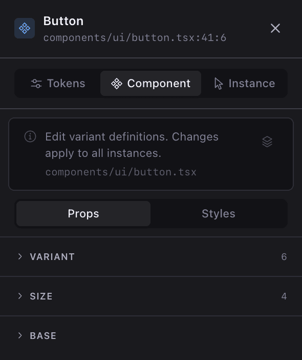 Component editing mode showing variant dimensions and Tailwind classes