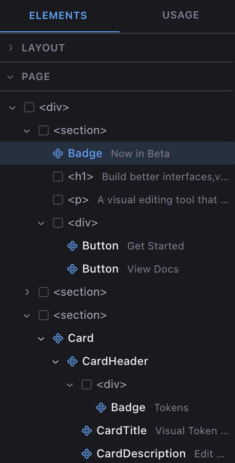 Explore panel showing the page element tree with components, HTML elements, and text previews