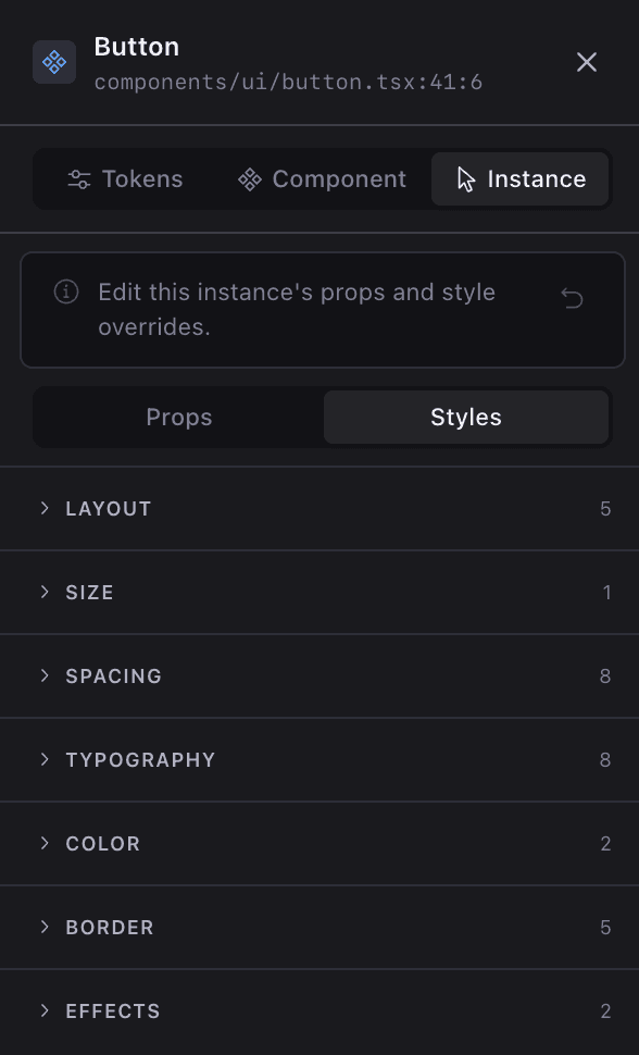 Instance editing mode showing variant options and class overrides