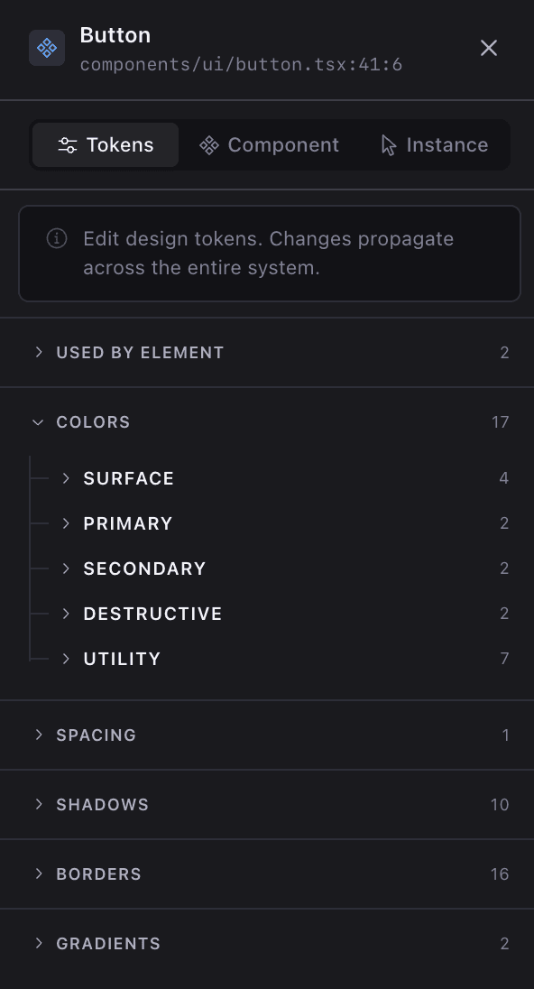 Token editing mode showing OKLCH colour sliders and contrast ratio checking