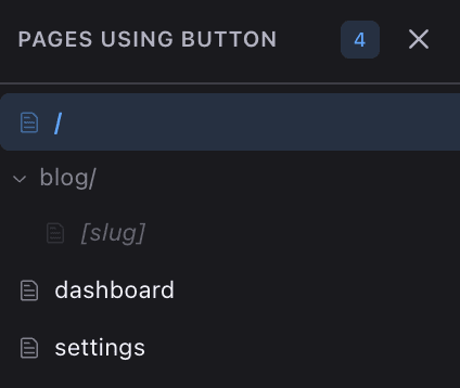 Component usage view showing all instances of a component across the codebase