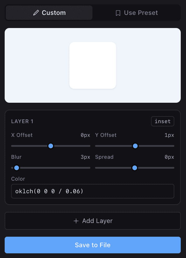 Shadow layer editor with offset, blur, spread, and colour controls