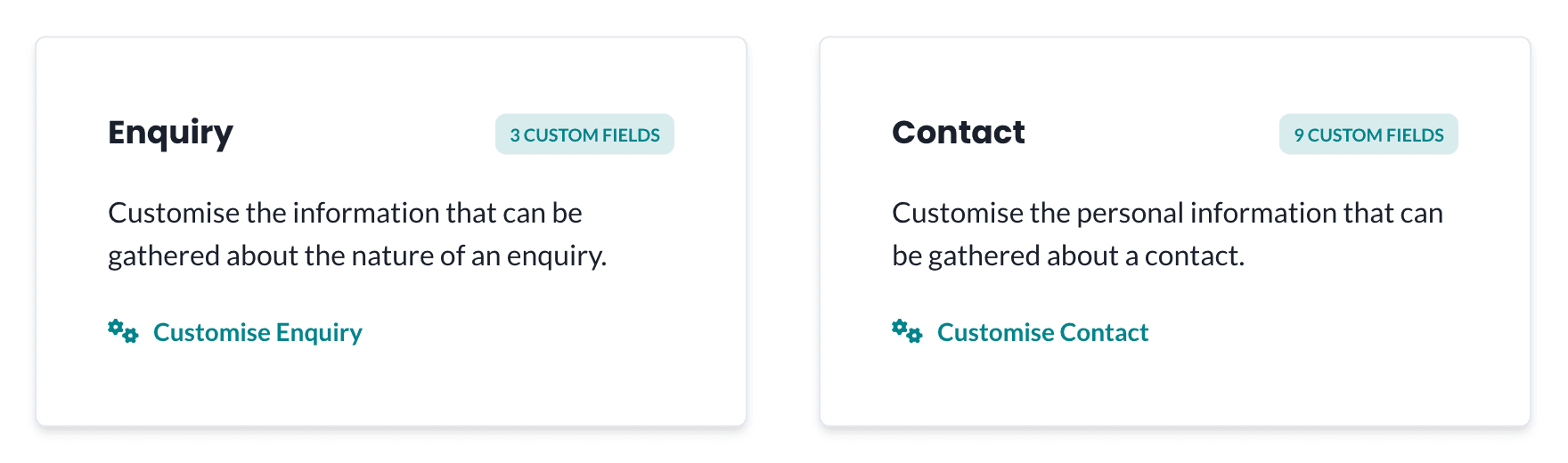 Custom fields configuration showing enquiry and contact field types that can be customised per centre