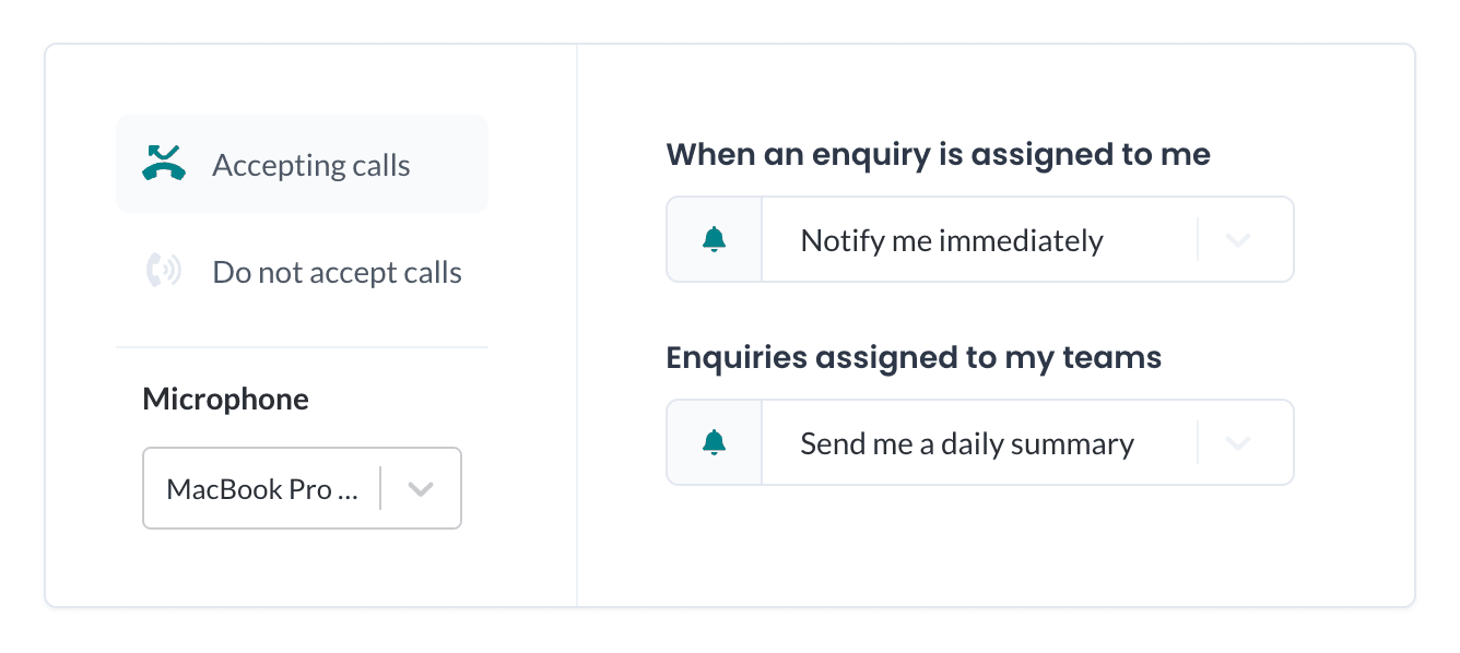 User preferences panel showing call availability, microphone selection, and notification settings