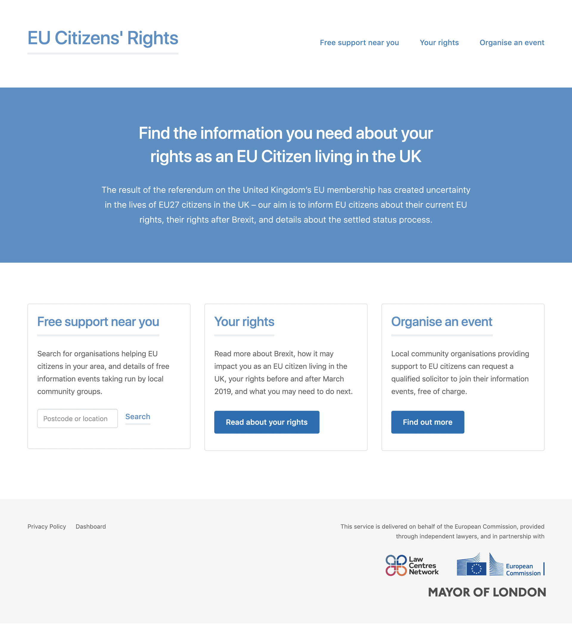 EU Rights homepage showing the three main pathways: search for free support near you, read about your rights, and organise an information event