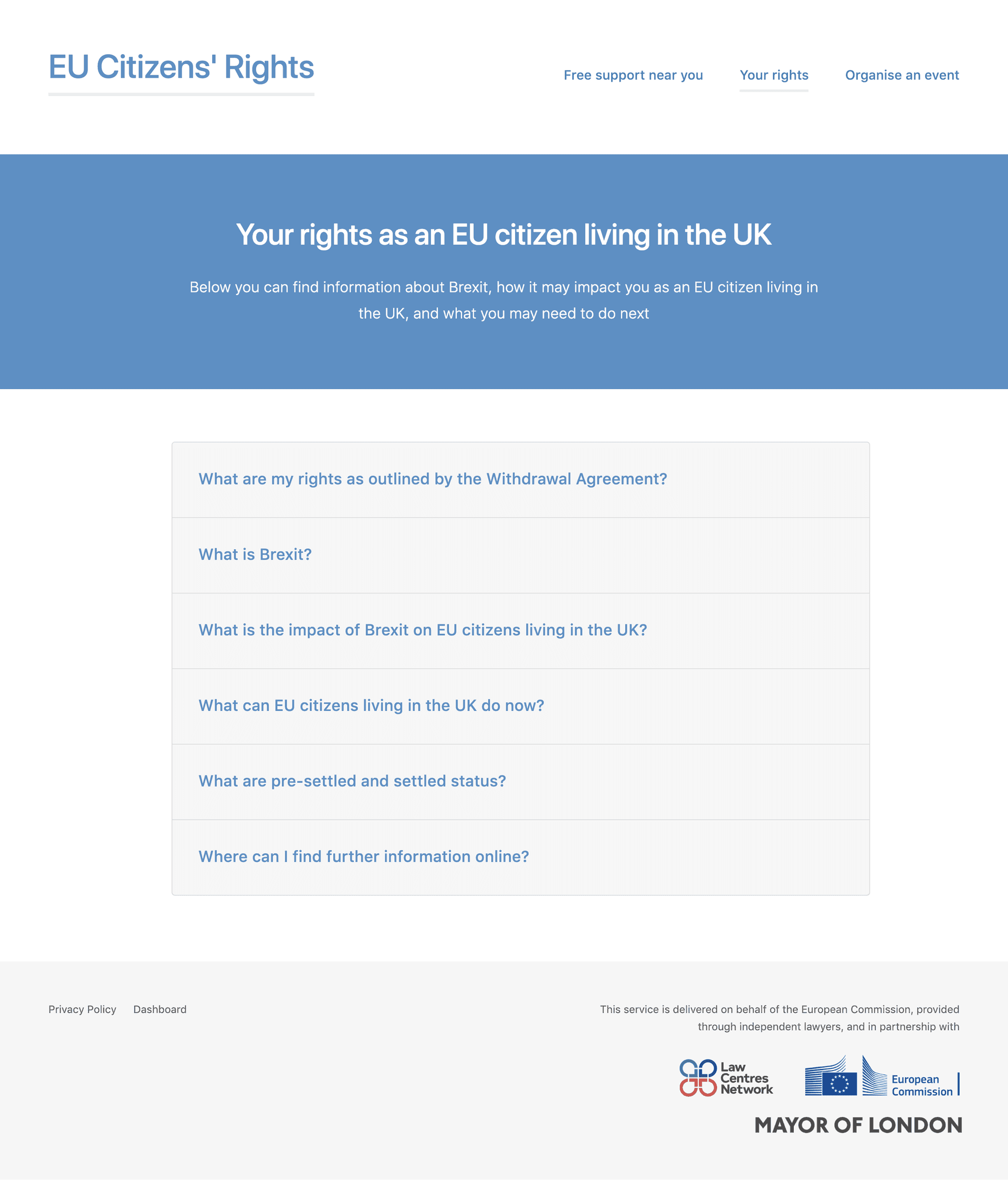 Rights information page with expandable FAQ sections covering topics from the Withdrawal Agreement to settled status