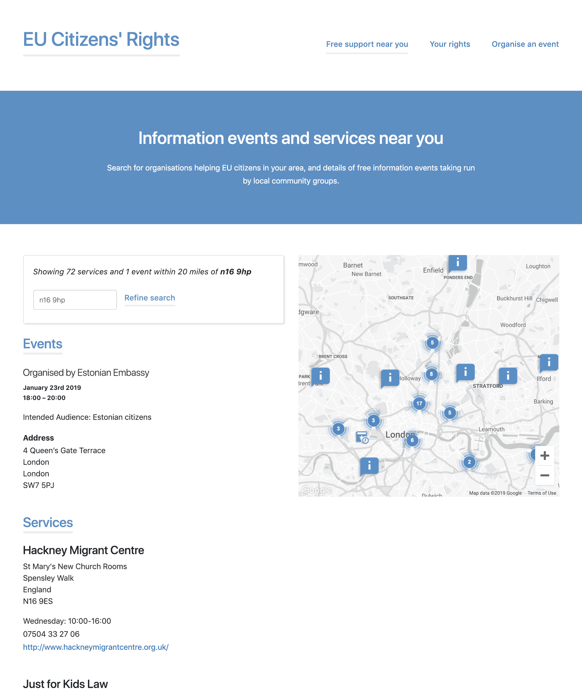 Search results page showing events and services near a London postcode, with results listed alongside an interactive map with location pins