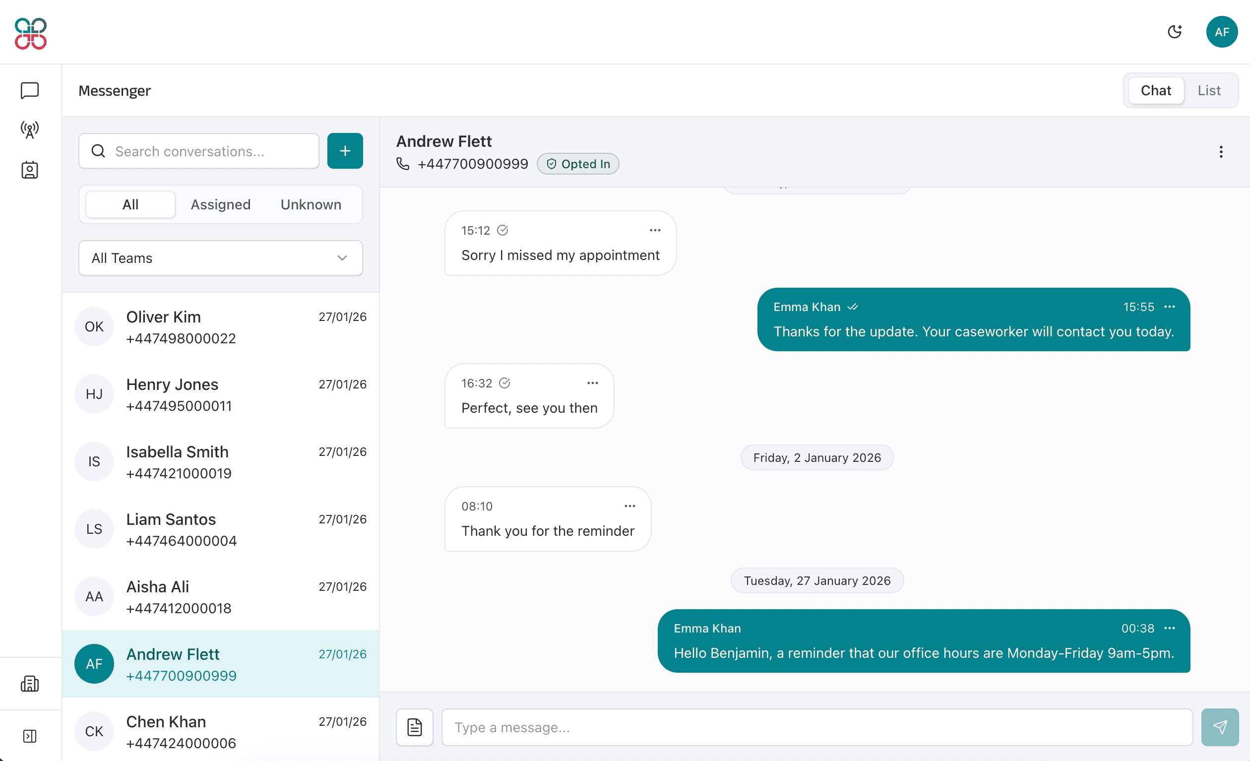 The LCN Messenger app running locally during a client working session