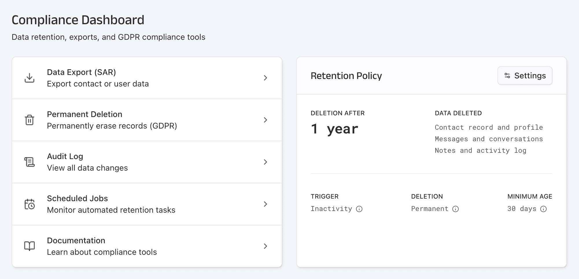 Data export interface showing format selection and export history