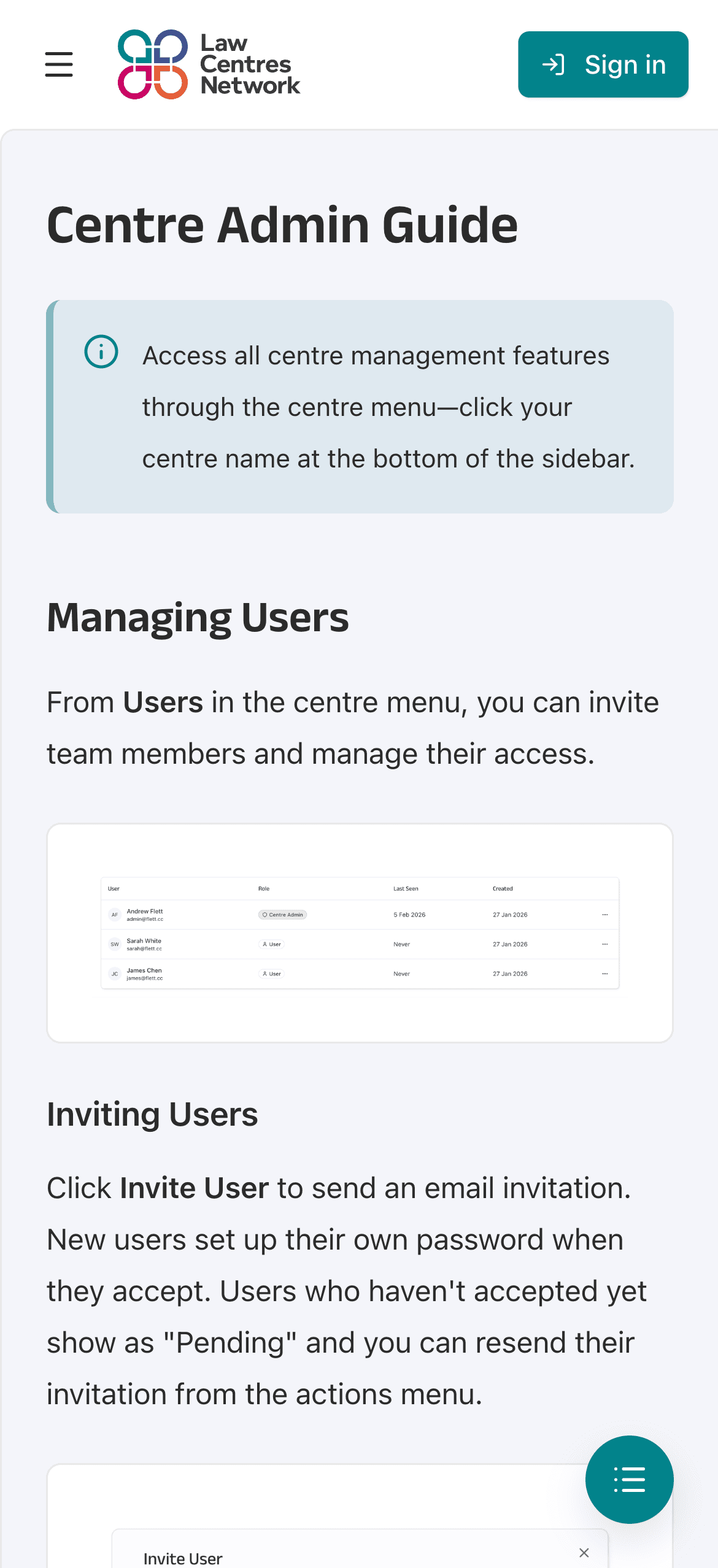 A page from the LCN Messenger user documentation on mobile