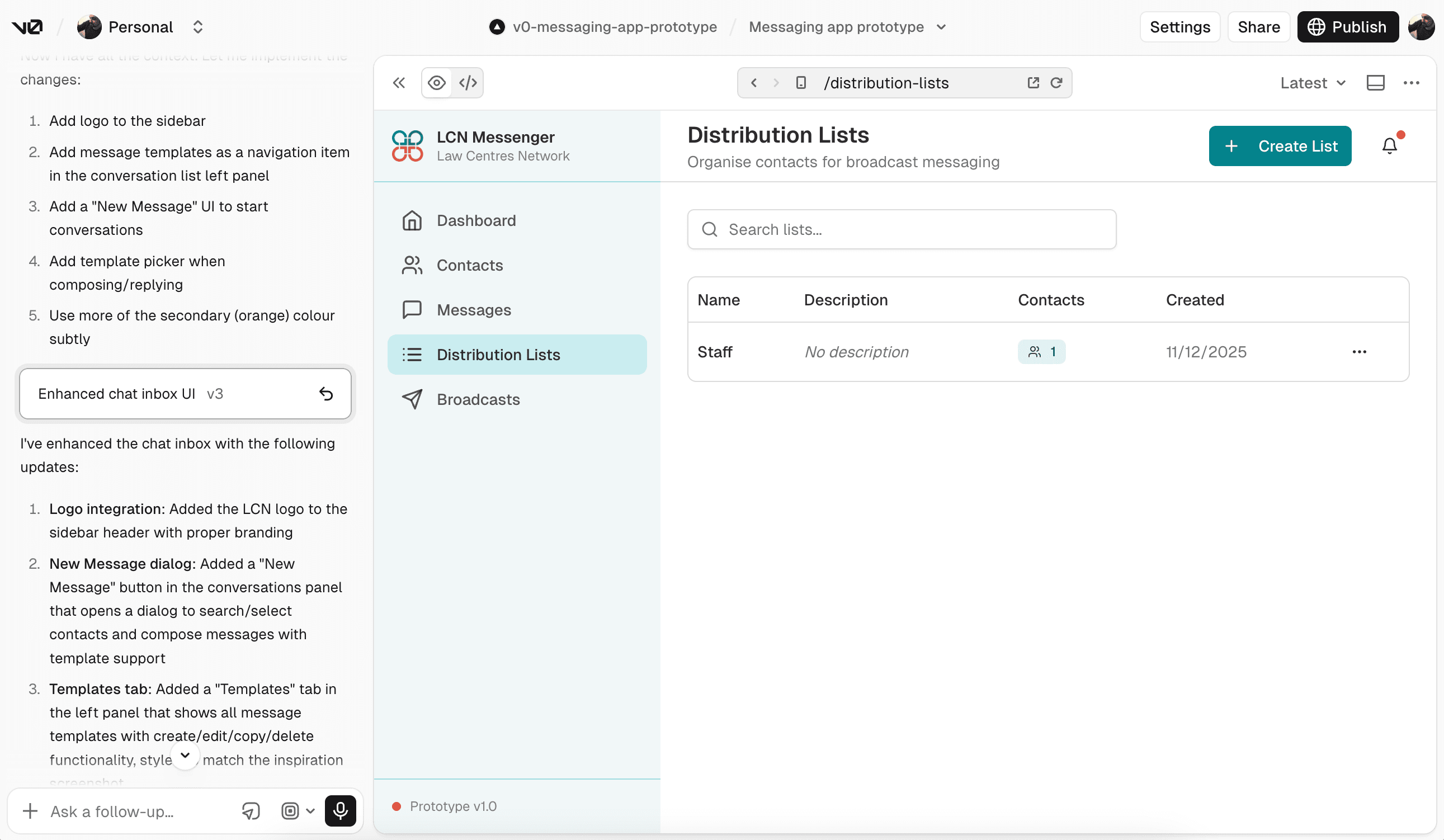 Early v0.dev concept of the LCN Messenger interface