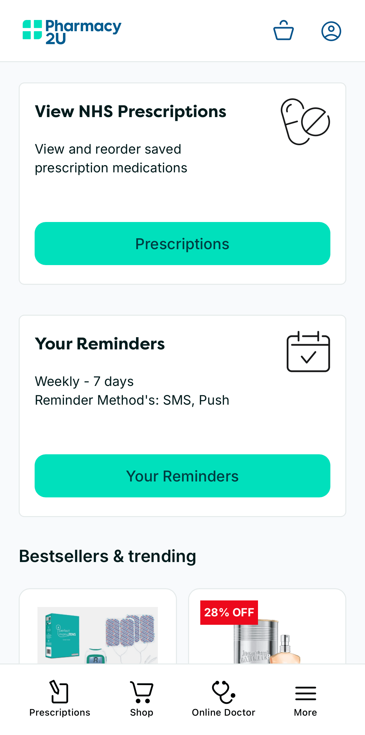 Pharmacy2U app home screen