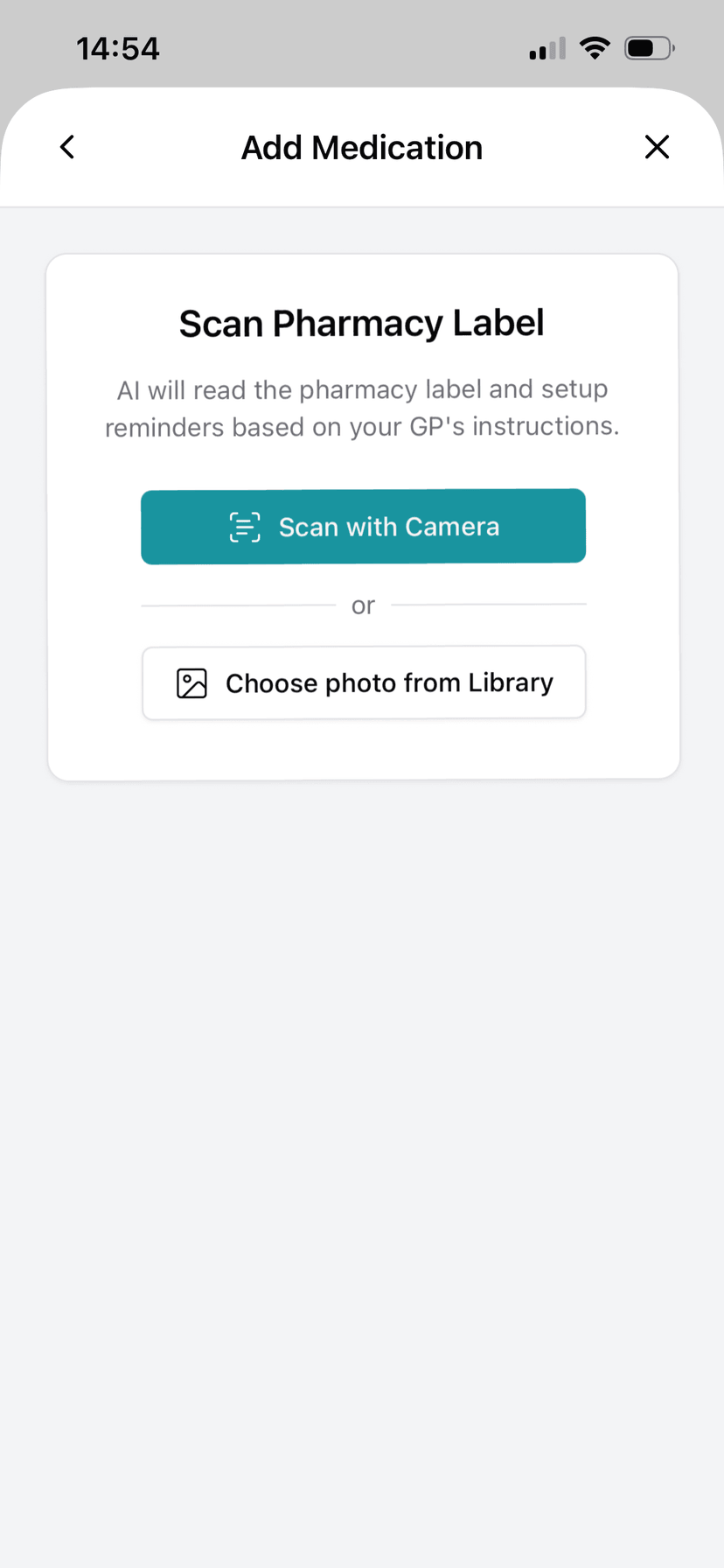 Add medication screen with options to scan a pharmacy label using the camera or choose a photo from the library