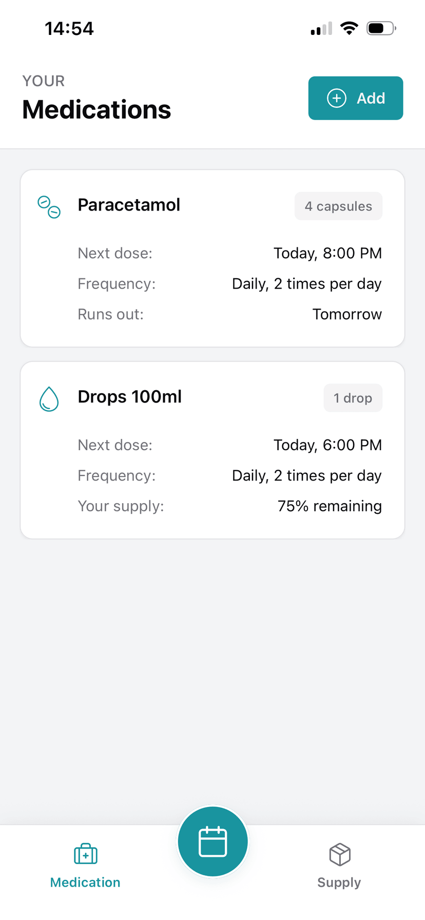 Medications list showing Salamol, Paracetamol, and Drops with next dose times, frequencies, and supply levels