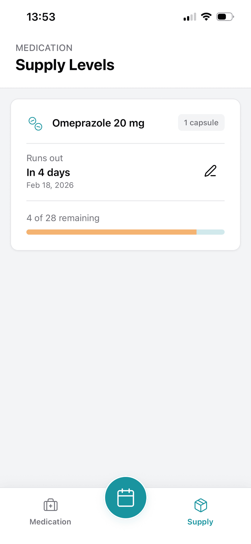 Supply levels screen showing three medications with remaining quantities, run-out predictions, and visual progress bars