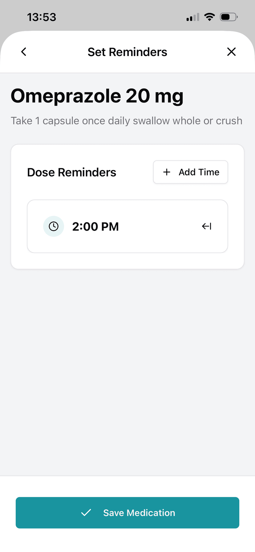 Reminders screen for Salamol showing taken as required status with no automatic reminders needed