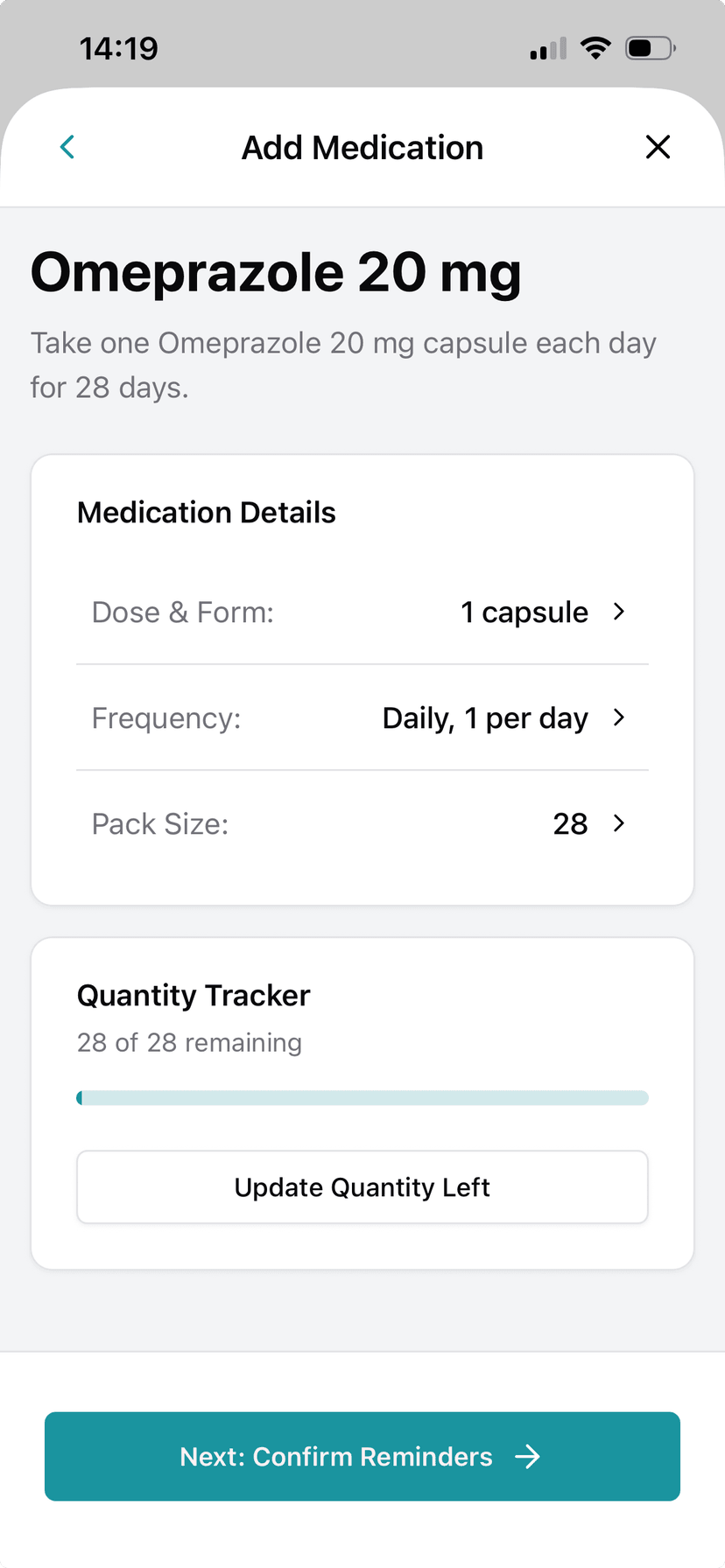 Scan result showing extracted medication details for Salamol inhaler including dose, frequency, and pack size