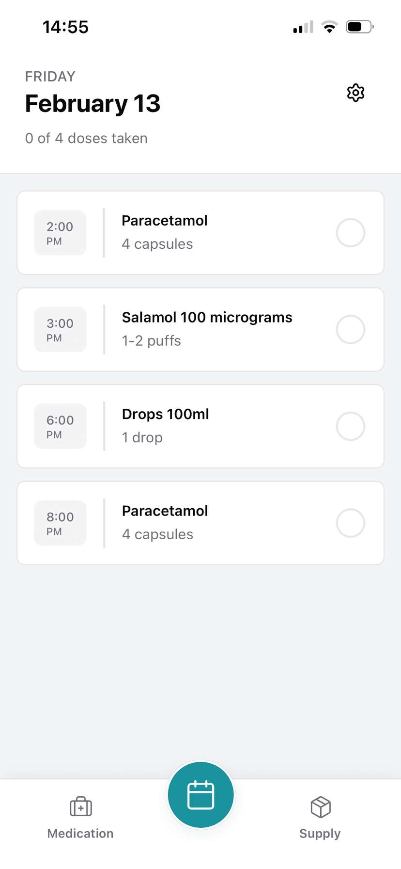 Daily schedule for February 13 showing four doses throughout the day with times and dosage information