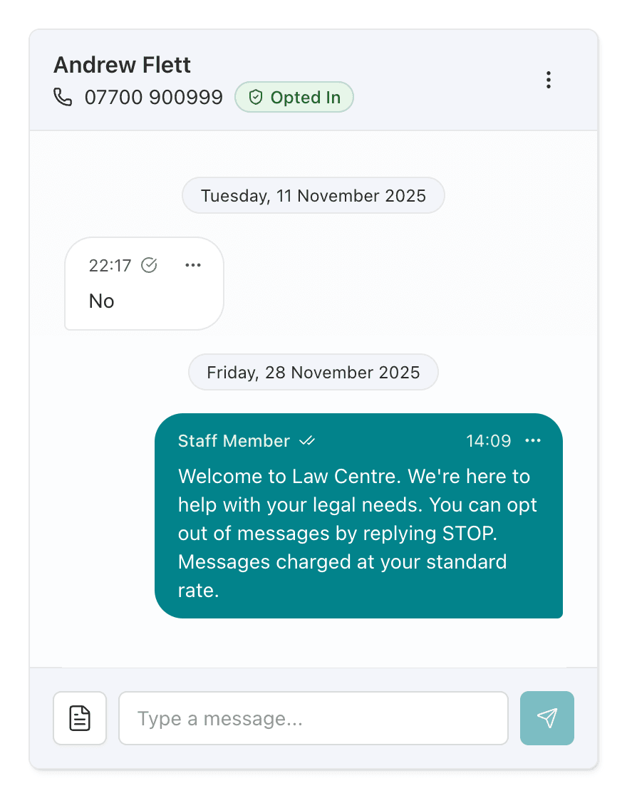 A streamlined messenger conversation view showing contact header, a few messages, and input field